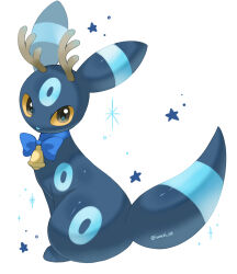  alternate_color antlers bell blue_bow blue_bowtie bow bowtie brown_eyes commentary_request deer_antlers full_body highres horns iwasi_29 neck_bell no_humans pokemon pokemon_(creature) pokemon_focus shiny_pokemon simple_background solo star_(symbol) twitter_username umbreon white_background 