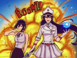  2girls bambietta_basterbine belt bleach bleach:_sennen_kessen-hen chainsaw_man commentary commission energy_ball english_commentary explosion gloves green_eyes hat highres holding holding_sword holding_weapon hunnymzdraws jacket long_hair military_hat military_uniform multiple_girls purple_hair reze_(chainsaw_man) second-party_source shirt skirt sound_effects sword violet_eyes weapon white_gloves white_hat white_jacket white_shirt white_skirt 