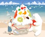  1girl animal beach bird brown_hair cherry clouds food fruit hat kiwifruit namito ocean orange original oversized_object polar_bear school_uniform seagull shadow shaved_ice sitting spoon standing strawberry watermelon 