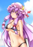 1girl alternate_costume arms_behind_back bikini black_bikini blush book bow breasts cleavage crescent hat long_hair looking_at_viewer navel patchouli_knowledge purple_hair roura solo swimsuit touhou violet_eyes 