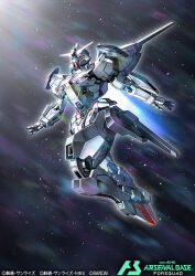  amasaki_yusuke commentary_request copyright_name exhaust glowing green_eyes gundam gundam_arsenal_base gundam_calibarn gundam_suisei_no_majo light_particles mecha mobile_suit no_humans robot science_fiction solo space v-fin 