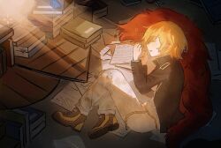  1girl aaaduorenzu black_jacket blonde_hair book book_stack curled_up desk don_quixote_(project_moon) feather_boa full_body highres jacket knees_up light_rays limbus_company lying official_alternate_costume on_ground on_side open_clothes open_jacket paper popped_collar project_moon sancho_(project_moon) short_hair sleeping solo 