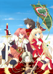  2000s_(style) 2boys 2girls armor armored_boots banner black_gloves black_hair black_thighhighs blonde_hair blue_eyes blue_sky boobplate book boots cape champion_(ragnarok_online) closed_eyes closed_mouth commentary_request cowboy_shot cross cross_of_prontera curtained_hair day dress garter_straps gloves grey_hair high_priest_(ragnarok_online) high_wizard_(ragnarok_online) holding holding_banner holding_book holding_sword holding_weapon juliet_sleeves kitagawa_mikio long_hair long_sleeves looking_at_viewer lord_knight_(ragnarok_online) medium_hair miniskirt multiple_boys multiple_girls outdoors pauldrons pink_hair pink_skirt puffy_sleeves ragnarok_online red_cape red_dress sash short_hair shoulder_armor sidelocks sitting skirt sky smile sword thigh-highs two-tone_dress upper_body violet_eyes weapon white_dress white_sash white_thighhighs 