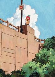  1girl aubrey_(faraway)_(omori) aubrey_(omori) black_socks blue_shorts blue_sky boots bow_hairband chain-link_fence closed_mouth clouds day denim denim_shorts expressionless fence green_eyes hairband long_hair looking_at_viewer omori outdoors pink_hair railing sapgoon shorts sitting sky socks solo tree white_boots 