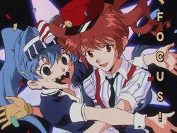 80s 90s black_eyes black_necktie blue_hair blush collared_shirt confetti drill_hair gloves hat hatsune_miku kasane_teto long_hair looking_at_viewer mesmerizer_(vocaloid) necktie open_mouth red_eyes red_hair red_hat retro_artstyle sapgoon sharp_teeth shirt short_sleeves smile striped_clothes striped_shirt sweatdrop teeth tongue tongue_out twin_drills twintails upper_teeth_only vertical-striped_clothes vertical-striped_shirt vocaloid yellow_gloves