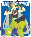  1girl aqua_hair character_name fingerless_gloves gloves green_eyes hatsune_miku headphones long_hair nail_polish sitting solo thighhighs twintails very_long_hair vocaloid yamada_kei 