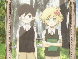 2boys antenna_hair basil_(faraway)_(omori) basil_(omori) bench black_eyes black_hair black_sweater_vest blonde_hair blue_eyes blush book brown_shorts closed_mouth collared_shirt crossed_arms double-parted_bangs expressionless eyepatch green_sweater_vest hair_between_eyes highres holding holding_book looking_at_mirror male_focus mirror multiple_boys my_loleeta omori outdoors shirt short_hair short_sleeves shorts sidelocks smile spoilers sunny_(omori) sweater_vest tree white_shirt 