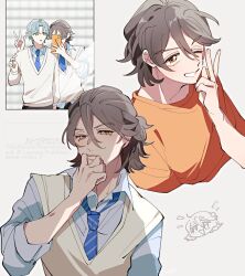  2boys brown_hair collarbone confused green_hair half_updo hand_on_own_face hibiki_kaito highres holding holding_phone jogi_(precure) kimi_to_idol_precure looking_at_viewer looking_up mirror_selfie multiple_boys neck necktie nonoko_(nopippichan) one_eye_closed parted_bangs phone precure school school_uniform selfie shirt short_hair short_sleeves smirk solo solo_focus twitter_username upper_body v watermark 