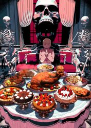  1girl blunt_bangs burger cake chicken_(food) couch cushion edoya_inuhachi food highres on_couch original plate skeleton solo 