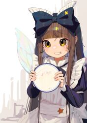 1girl absurdres apron blunt_bangs blush brown_eyes brown_hair commentary_request grin highres holding holding_plate housulu plate smile solo star_(symbol) star_print star_sapphire touhou white_apron 