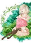  1girl brown_hair cushion dress green_eyes leaf maru--chan original pillow sitting smile solo thigh-highs twintails 