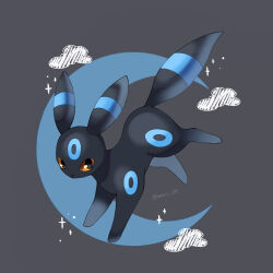  alternate_color animal_focus artist_name black_fur clouds commentary_request crescent_moon facial_mark forehead_mark grey_background highres iwasi_29 moon no_humans pokemon pokemon_(creature) shiny_pokemon sparkle tail twitter_username umbreon yellow_eyes 
