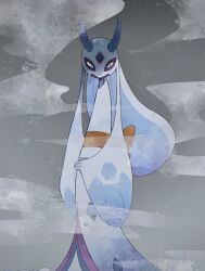  blue_eyes colored_sclera commentary diamond_(shape) fog froslass grey_background highres hime_(himetya105) horns ice looking_at_viewer mega_froslass mega_pokemon no_humans pokemon pokemon_(creature) pokemon_focus pokemon_legends:_z-a sash solo yellow_sclera 