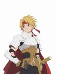  1boy armor artist_request belt brown_eyes brown_hair cape cless_alvein gloves hand_on_hip headband male official_art scabbard sheath solo tales_of_(series) tales_of_phantasia white_background 