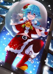 1girl bell belt black_belt blue_hair boots bow breasts capelet commentary_request dot_nose evil_grin evil_smile foot_up from_below fur-trimmed_capelet fur-trimmed_skirt fur_trim green_bow grin hair_between_eyes hat hat_bow holding holding_sack indoors leggings looking_at_viewer low_side_ponytail medium_breasts medium_hair navel neck_bell night official_art open_window pants pom_pom_(clothes) project_tokyo_dolls red_boots red_capelet red_leggings red_pants red_skirt sack santa_costume santa_hat second-party_source shaded_face sidelocks skirt smile snowing solo sparkle striped_bow violet_eyes window yamada_(project_tokyo_dolls) 