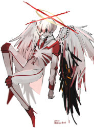  1boy 779_nnk angel_wings apostle_(project_moon) asymmetrical_wings black_wings blood blood_on_face bloody_wings closed_mouth collared_shirt e.g.o_(project_moon) employee_(project_moon) feathered_wings full_body halo high_heels highres jacket knee_pads lobotomy_corporation long_sleeves male_focus multiple_wings necktie nugget_(project_moon) pants paradise_lost_(e.g.o) plague_doctor_mask project_moon red_necktie red_shoes shirt shoes short_hair simple_background solo suit white_background white_hair white_jacket white_pants white_shirt white_suit white_wings wings yellow_halo 