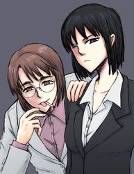  2girls amada_minami black_eyes black_hair brown_eyes brown_hair cigarette glasses hand_on_shoulder jormungand karen_low multiple_girls mutsu_(layergreen) short_hair smile tongue tongue_out 