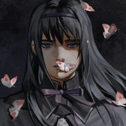  1girl akemi_homura akemi_homura_(magical_girl) black_background black_hair blue_eyes bug butterfly butterfly_on_face butterfly_on_head butterfly_on_mouth butterfly_on_shoulder collared_capelet expressionless facing_viewer hairband highres long_hair looking_at_viewer magical_girl mahou_shoujo_madoka_magica mahou_shoujo_madoka_magica_(anime) muted_color neck_ribbon parted_lips portrait purple_hairband purple_ribbon ribbon silverheather solo two-tone_capelet 