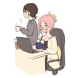  2girls alien_stage black_camisole black_hair camisole cardigan chair claw_hair_clip coldmeow commentary computer cup drink drinking_straw glasses green_eyes grey_sweater hair_ornament hairclip hashtag-only_commentary highres holding holding_cup laptop mizi_(alien_stage) mug multiple_girls office_chair on_chair pink_hair sitting stuffed_toy sua_(alien_stage) sweater swivel_chair violet_eyes yellow_cardigan 