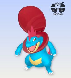  1other alligator animal_focus blue_skin brian_benito97 colored_skin commentary cosplay crocodilian english_commentary feraligatr gradient_background highres mega_feraligatr mohawk open_mouth outstretched_arms parody pokemon pokemon_(creature) pokemon_focus pokemon_legends:_z-a sharp_teeth skibidi_toilet_(character) skibidi_toilet_(character)_(cosplay) skibidi_toilet_(series) solo teeth toilet toilet_seat watermark yellow_eyes 