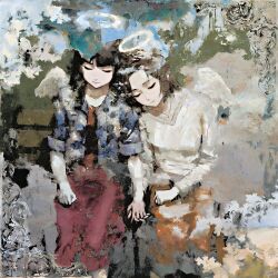  2girls abstract_background angel angel_wings bench black_hair blunt_bangs border brown_hair brown_shirt brown_skirt brush_stroke closed_eyes closed_mouth commission denim denim_jacket dress english_commentary eyelashes facing_ahead faux_traditional_media feathered_wings feet_out_of_frame from_above haibane_renmei halo hand_on_own_leg highres hitboxsamurai holding_hands jacket jewelry long_hair long_sleeves multiple_girls necklace nemu_(haibane_renmei) on_bench ornate_border painterly pendant red_skirt reki_(haibane_renmei) shirt shoulder-to-shoulder sitting skirt sleeves_rolled_up smile straight_hair traditional_halo v-neck white_shirt wings 