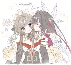  2girls @_@ anger_vein bare_shoulders bell_sleeves black_hair black_sleeves blunt_bangs blush brown_hair center_frills chibi chibi_inset chinese_commentary closed_eyes columbina_(genshin_impact) commentary_request cup detached_collar detached_sleeves english_text feathered_wings frills genshin_impact gloves gradient_hair hair_flaps hair_intakes hair_ribbon half_gloves hand_on_another&#039;s_arm head_tilt head_wings heart highres holding holding_cup kiss kissing_cheek layered_sleeves long_sidelocks long_sleeves low-tied_sidelocks multicolored_hair multiple_girls multiple_wings parted_lips pink_streaks profile raised_eyebrows ribbon sandrone_(genshin_impact) short_hair_with_long_locks sidelocks simple_background straight_hair strapless streaked_hair surprise_kiss surprised swept_bangs takonoya teacup tress_ribbon turning_head twitter_username two-tone_hair u_u upper_body violet_eyes w_arms white_background white_gloves white_wings wing_collar wings x-shaped_eyewear yellow_sleeves yuri 