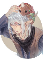  1boy black_sclera blue_eyes border brown_background brown_vest colored_sclera creature_on_head cropped_torso elezen elf estinien_varlineau final_fantasy final_fantasy_xiv from_above furrowed_brow grey_hair grey_shirt hair_between_eyes hair_bun highres long_hair male_focus mongu_(kprs_ff) open_mouth pointy_ears ponytail shirt single_hair_bun sweatdrop vest white_border 
