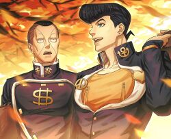  2boys anchor_ornament autumn autumn_leaves bag black_hair blue_eyes brooch brown_hair commentary diamond_wa_kudakenai dollar_sign earrings facial_mark gakuran heart heart_brooch higashikata_josuke high_collar highres holding holding_bag jacket jewelry jojo_no_kimyou_na_bouken leaf male_focus multicolored_hair multiple_boys nijimura_okuyasu open_mouth outdoors paper_bag peace_symbol pompadour pur_ple02imo school_bag school_uniform shirt smile stud_earrings symbol-only_commentary tree two-tone_hair upper_body yellow_shirt zipper 