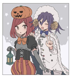  1boy 1girl animal_costume bell blush border brown_eyes capelet commentary_request danganronpa_(series) danganronpa_v3:_killing_harmony elbow_gloves flipped_hair fur-trimmed_capelet fur_trim gloves hair_between_eyes halloween halloween_costume hand_on_another's_shoulder hat highres holding_lamp horns long_sleeves looking_at_viewer medium_hair neck_bell oma_kokichi one_eye_closed open_mouth puffy_short_sleeves puffy_shorts puffy_sleeves pumpkin_hat purple_hair red_hair sheep_costume sheep_horns short_hair short_sleeves shorts simple_background smile star_(symbol) upper_body v violet_eyes xiao_(grsnss25) yumeno_himiko 
