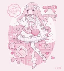  1girl 3tokitamago asymmetrical_legwear blush bow bowtie cake cake_slice candy closed_mouth commentary dress dress_bow food frilled_sleeves frilled_socks frills fruit full_body hair_bow heart heart-shaped_food heart-shaped_lollipop highres holding holding_candy holding_food holding_lollipop lollipop long_hair long_sleeves looking_at_viewer lossy-lossless original pink_bow pink_bowtie pink_eyes pink_hair pink_shoes pink_theme shaped_lollipop shoes single_sock single_thighhigh sleeve_bow socks solo standing standing_on_one_leg strawberry symbol-only_commentary thigh-highs uneven_legwear valentine white_bow white_dress white_socks white_thighhighs 