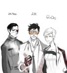  1girl 2boys am annoyed black_hair blood crossover evil_grin evil_smile expressionless expressive_clothes eyebrows eyepatch glados glasses grin hal_9000 labcoat messy_hair military military_uniform mole multiple_boys muted_color necktie personification pipe smile uniform white_hair yellow_eyes 