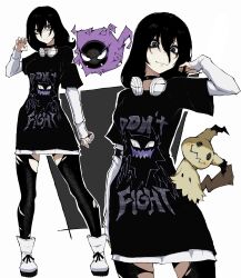  1girl absurdres black_pantyhose black_shirt character_print cowboy_shot full_body gastly grey_eyes greyscale hair_between_eyes haunter headphones headphones_around_neck hex_maniac_(pokemon) hex_maniac_(pokemon_legends:_z-a) highres kekel looking_at_viewer mimikyu monochrome multiple_views oversized_clothes oversized_shirt pantyhose pokemon pokemon_(creature) shirt simple_background sleeves_past_wrists smile standing text_print torn_clothes torn_pantyhose white_background white_shirt 