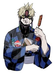  1boy blue_kimono candy_apple closed_mouth commentary_request cropped_torso dandadan earrings eating enjoji_jin evil_eye_(dandadan) food food_on_face highres holding holding_food japanese_clothes jewelry kimono looking_at_viewer male_focus possessed sash shaved_ice short_hair solo third_eye upper_body white_background white_sash wide_sleeves ycy5nljkl410219 