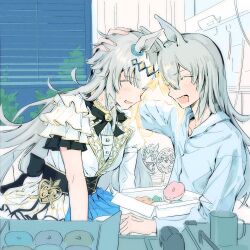  2girls ahoge alternate_costume animal_ears bed black_bow blue_shirt blush bow breasts character_doll closed_eyes collarbone cup doll doughnut ear_ornament fang food forehead-to-forehead grey_hair hair_between_eyes hair_ornament hairband heads_together highres horse_ears horse_girl hospital hospital_bed long_hair long_sleeves multicolored_hair multiple_girls nooctadesu oguri_cap_(umamusume) open_mouth shirt skirt smile tamamo_cross_(umamusume) umamusume umamusume:_cinderella_gray white_shirt white_skirt window 