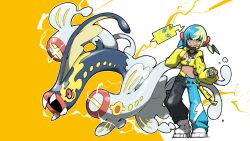  1girl aqua_hair belt black_belt blacknirrow blonde_hair canari_(pokemon) cellphone commentary crop_top cropped_jacket eelektross electricity eyelashes fangs fingernails full_body glint highres holding holding_poke_ball jacket long_sleeves mega_eelektross mega_pokemon midriff multicolored_hair multicolored_nails nail_polish navel open_clothes open_jacket open_mouth outline pants phone poke_ball pokemon pokemon_(creature) pokemon_legends:_z-a quick_ball rotom rotom_phone shirt shoes smartphone smile split-color_clothes split-color_hair standing twintails two-tone_background two-tone_pants white_outline white_shoes yellow_jacket yellow_shirt 