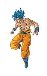  1boy abs blue_eyes blue_hair dragon_ball dragon_ball_super gomadang0417 highres male_focus medium_hair orange_pants pants simple_background solo son_goku spiky_hair super_saiyan super_saiyan_blue topless_male white_background 