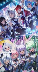  6+girls @_@ absurdres ahoge akane_lize animal_ears aokumo_rin aqua_eyes arahashi_tabi arm_up ayatsuno_yuni black_hair black_pantyhose blue_bow blue_bowtie blue_eyes blue_hair blush bow bowtie center-flap_bangs center_frills closed_mouth collared_dress commentary concert double-parted_bangs dress dress_bow earclip everyone fang foot_up forehead frilled_dress frilled_wristband frills green_eyes green_hair grey_eyes grey_hair hair_between_eyes hair_bow hair_intakes hair_ornament hairclip hanako_nana hand_up heart heart_hair_ornament heart_hands heart_hands_duo heterochromia highres holding holding_microphone horns long_bangs long_hair matching_outfits medium_hair microphone multicolored_bow multicolored_dress multicolored_eyes multicolored_hair multiple_girls multiple_views neneko_mashiro nose_blush one_eye_closed open_mouth outstretched_arm pantyhose parallel_hairclips parted_bangs pink_hair purple_hair raised_inner_eyebrows reaching reaching_towards_viewer red_eyes screen shirayuki_hina short_dress short_hair short_sleeves shuvi_(shuvi1125) single_horn smile split_mouth stage_lights standing stellive streaked_hair swept_bangs tenko_shibuki thigh_strap tongue tongue_out two-tone_eyes unicorn_horn v v_over_eye violet_eyes virtual_youtuber wing_collar yellow_eyes yuzuha_riko 