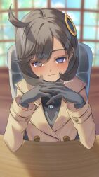  1girl :3 black_bodysuit black_gloves black_hair blurry blurry_background blush bodysuit bodysuit_under_clothes brown_jacket chair closed_mouth commentary_request cowlick dark-skinned_female dark_skin emma_(pokemon) gendou_pose gloves hair_between_eyes hair_ornament highres indoors jacket khr_39 latex latex_bodysuit long_sleeves looking_at_viewer mega_stone on_chair orange_gloves own_hands_clasped own_hands_together pokemon pokemon_legends:_z-a short_hair sidelocks sitting solo swept_bangs table twitter_username two-tone_gloves upper_body violet_eyes window 