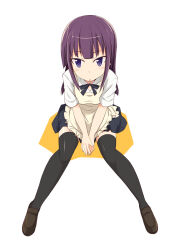  1girl apron arms_between_legs black_ribbon black_skirt black_thighhighs blush brown_shoes collared_shirt colored_shadow commentary_request english_commentary frilled_apron frills from_above full_body kugui_kiyunemu loafers long_hair looking_at_viewer mixed-language_commentary neck_ribbon parted_lips partial_commentary pleated_skirt purple_hair ribbon shadow shirt shoes sidelocks simple_background sitting skirt solo thigh-highs violet_eyes white_background white_shirt working!! yamada_aoi yellow_apron 