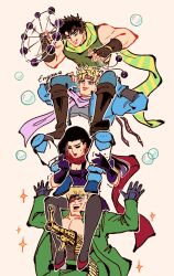  1girl 3boys arms_up black_hair black_pantyhose blonde_hair boots brown_boots brown_hair bubble caesar_anthonio_zeppeli closed_eyes commentary_request fingerless_gloves gloves headband highres jojo_no_kimyou_na_bouken joseph_joestar joseph_joestar_(young) lisa_lisa long_hair multiple_boys on_shoulder pantyhose purple_scarf red_scarf rudolph_von_stroheim scarf short_hair signature simple_background smile sparkle sushiko_engawa sweatdrop 