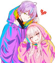  1boy 1other akiyama_mizuki androgynous blue_hair closed_mouth commentary_request drawstring earrings hands_up heart highres hood hood_up hoodie jewelry kamishiro_rui long_sleeves looking_at_viewer mofu_(mofbatyu) multicolored_hair open_mouth pink_eyes pink_hair pink_hoodie project_sekai purple_hair purple_hoodie short_hair simple_background streaked_hair stud_earrings turtleneck two-tone_hair upper_body white_background yellow_eyes 