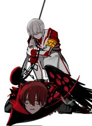  2boys 779_nnk armband black_gloves black_wings blade_to_throat clenched_teeth coat da_capo_(e.g.o) e.g.o_(project_moon) employee_(project_moon) gloves heterochromia highres holding holding_scythe holding_weapon jacket lobotomy_corporation long_sleeves lying male_focus multiple_boys nugget_(project_moon) on_stomach pants paradise_lost_(e.g.o) pinned project_moon red_eyes red_hair scythe short_hair simple_background single_wing stepped_on teeth twilight_(e.g.o) weapon white_background white_hair white_jacket white_pants wings yellow_armband yellow_eyes 
