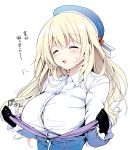  1girl atago_(kantai_collection) black_gloves blonde_hair blush breasts closed_eyes gloves hat kantai_collection kurimomo large_breasts long_hair military military_uniform open_mouth personification simple_background solo translation_request undressing uniform white_background 