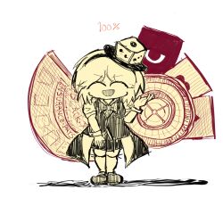  1girl ^_^ ace_(playing_card) ace_of_diamonds ace_of_hearts androgynous aodo_mikan blackjack_table bow bowtie breasts buttons card closed_eyes coattails collared_shirt commentary_request diamond_(shape) dice_hair_ornament dress_shoes eye_of_senri full_body genderswap genderswap_(otf) hair_ornament hairband hand_on_lap hand_up happy heart highres len&#039;en medium_hair monochrome open_mouth oversized_object playing_card puffy_short_sleeves puffy_sleeves ribbon_legwear roulette_table shadow shirt short_sleeves simple_background smile solo standing table thigh-highs traditional_bowtie v-neck vest white_background wrist_cuffs xeno_a yellow_theme 