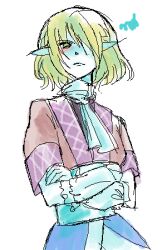  1girl arm_warmers blonde_hair blush brown_shirt closed_mouth crossed_arms drawfag frown green_eyes hair_over_one_eye looking_at_viewer looking_down lowres mizuhashi_parsee oekaki pointy_ears sash scarf shirt short_hair spiral touhou upper_body white_background white_sash white_scarf 