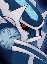  absurdres black_sclera blue_background close-up colored_sclera dialga from_side highres holding holding_pocket_watch looking_at_viewer looking_to_the_side meme no_humans pocket_watch pointing pointing_at_object pokemon pokemon_(creature) pokemon_focus portrait red_eyes renmemberme roman_numeral v-shaped_eyes watch white_rabbit_pointing_at_a_clock_(meme) 