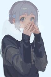  1girl blue_background blue_eyes blue_sweater blush braid covering_own_mouth gakuen_idolmaster grey_hair hair_ribbon half_up_braid hands_up highres idolmaster katsuragi_lilja long_sleeves looking_at_viewer nininikal ribbon ribbon_braid scarf sidelocks sideways_glance simple_background solo steepled_fingers sweater upper_body white_scarf 