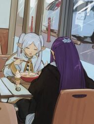  2girls alternate_universe car commentary contemporary dress eating elf fern_(sousou_no_frieren) food frieren from_behind higemu highres ice_cream long_hair long_sleeves motor_vehicle multiple_girls noodles pointy_ears purple_hair ramen restaurant sitting sousou_no_frieren twintails 