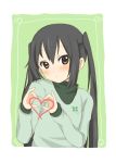  1girl blush green_background heart heart_hands k-on! long_hair mushi_baibai nakano_azusa simple_background solo 