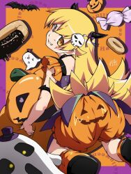  1girl arm_strap bare_arms bat_(animal) black_bow black_choker black_dress blonde_hair bloomers boots border bow candy character_hair_ornament chocolate_donut choker demon_horns doughnut dress fake_horns feet_out_of_frame flipped_hair food frilled_sleeves frills from_behind full_body ghost grin hair_between_eyes hair_bow hair_flaps hair_ornament halloween halloween_costume hat highres holding horns jack-o&#039;-lantern jack-o&#039;-lantern_print kneeling long_hair looking_at_viewer mini_hat mini_top_hat monogatari_(series) orange_background orange_bloomers orange_boots oshino_shinobu oshinobi_shinobu outside_border pointy_ears purple_border shoe_soles short_dress short_sleeves sidelocks signature skull_hair_ornament smile solo top_hat very_long_hair wrapped_candy 